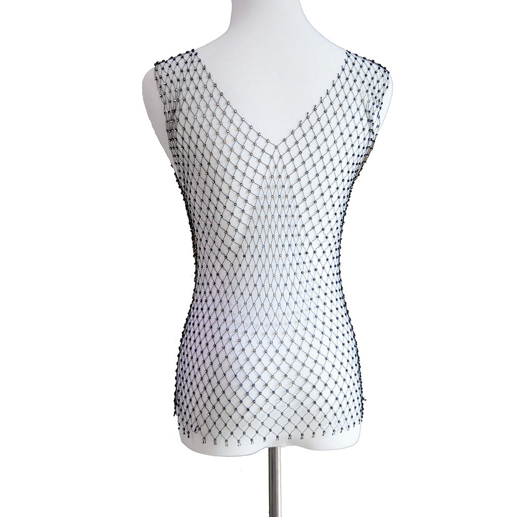 Mesh Chainmail Look Rhinestone Studded Fishnet Tank Top Sexy Sheer Festival Fashion