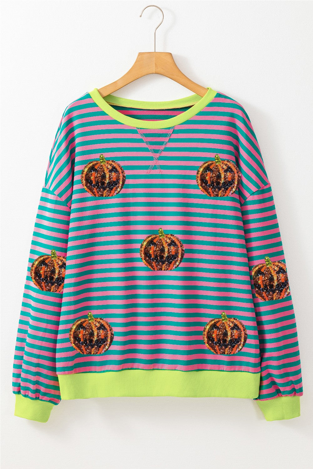 Pumpkin Striped Round Neck Long Sleeve Sweatshirt