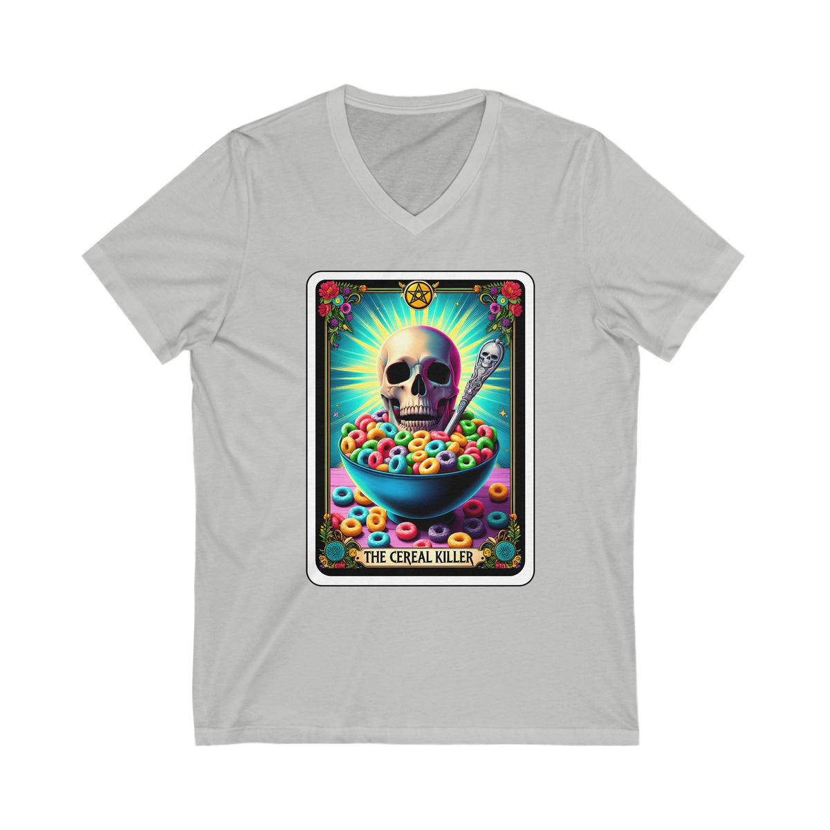 The Cereal Killer Funny Skull Tarot Card Unisex Jersey Short Sleeve V-Neck Tee