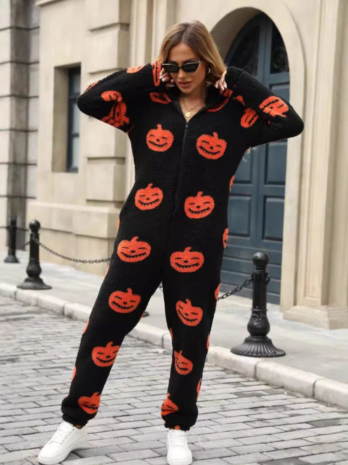 Fuzzy Black Pumpkin Print Half Zip Hooded Jumpsuit - Women’s Halloween Loungewear