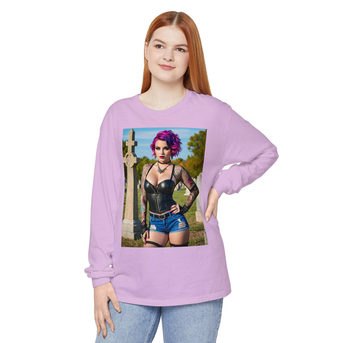 Goth Graveyard Girl - Design Fourteen- Unisex Garment-dyed Long Sleeve T-Shirt