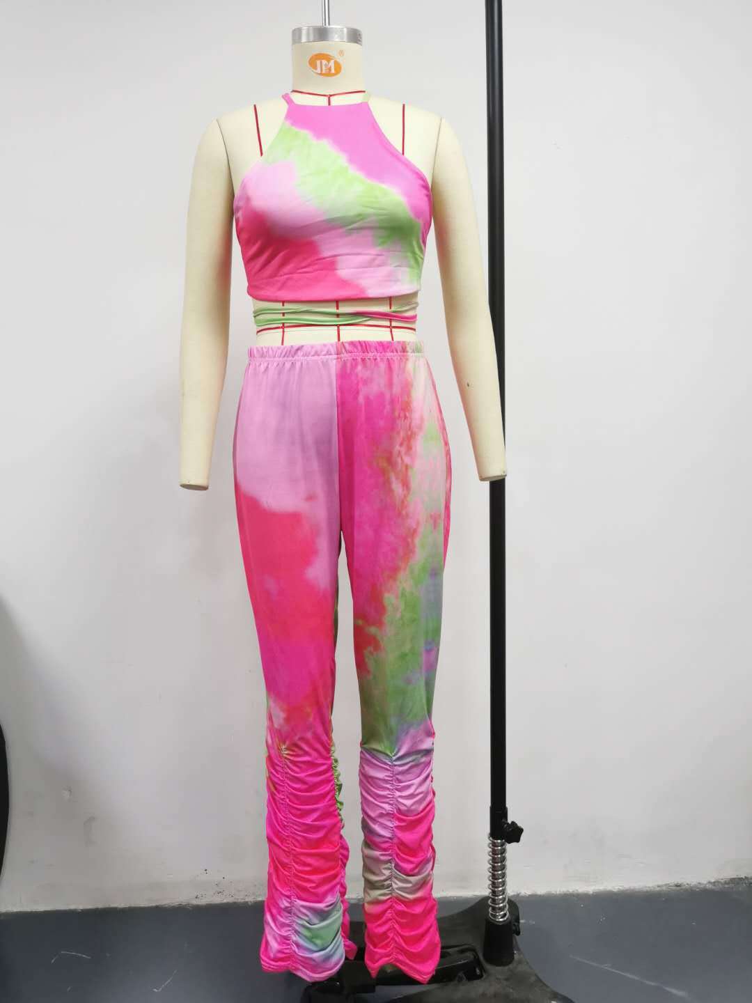 Two-piece Thin Fabric Tie Dye Print Crop Top And Rouched bottom Leggings Two Piece Outfit Set