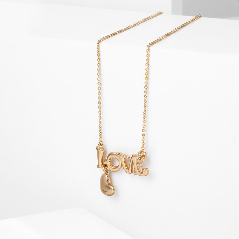 Love Drop Bar Necklace With Dangling Heart