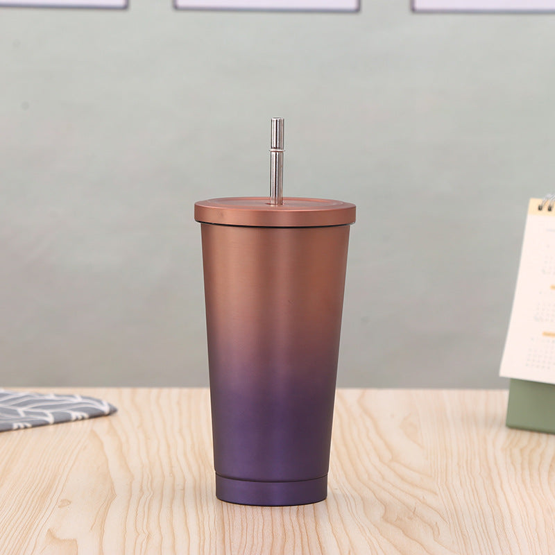 New Gradient Color Cup With Straw Stainless Steel Coffee Cup Creative Glass Gift Cup