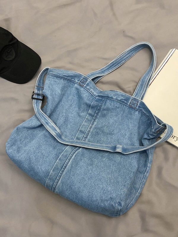 Casual Denim Split-Joint Solid Color Tote Style Handbag