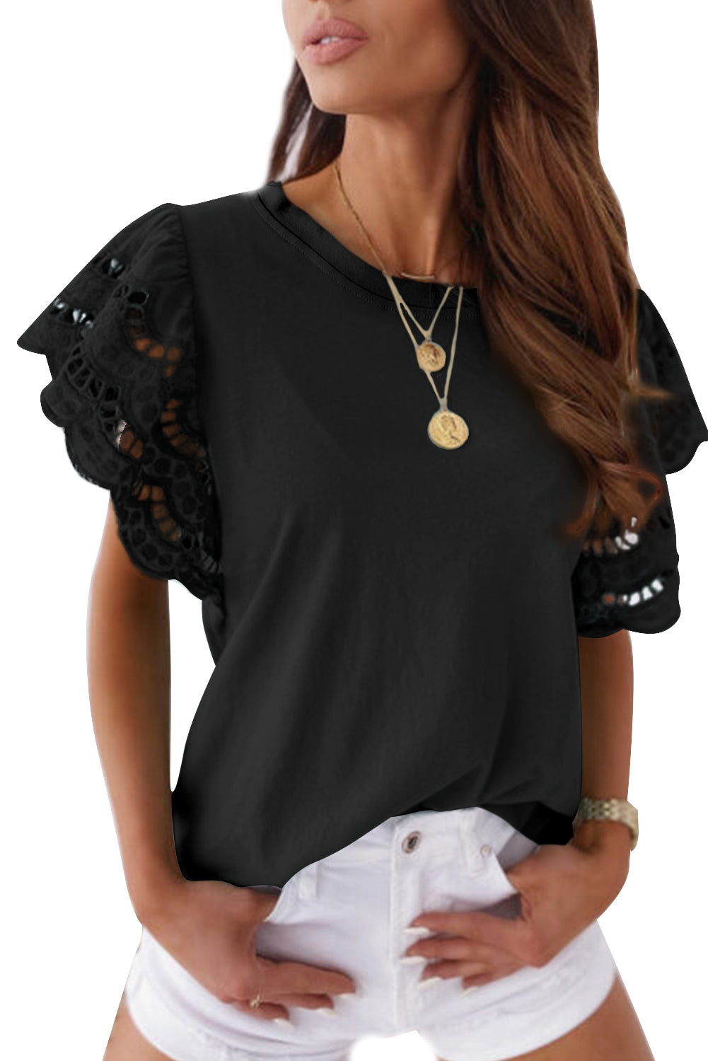 White Eyelet Butterfly Sleeve Business Casual Top