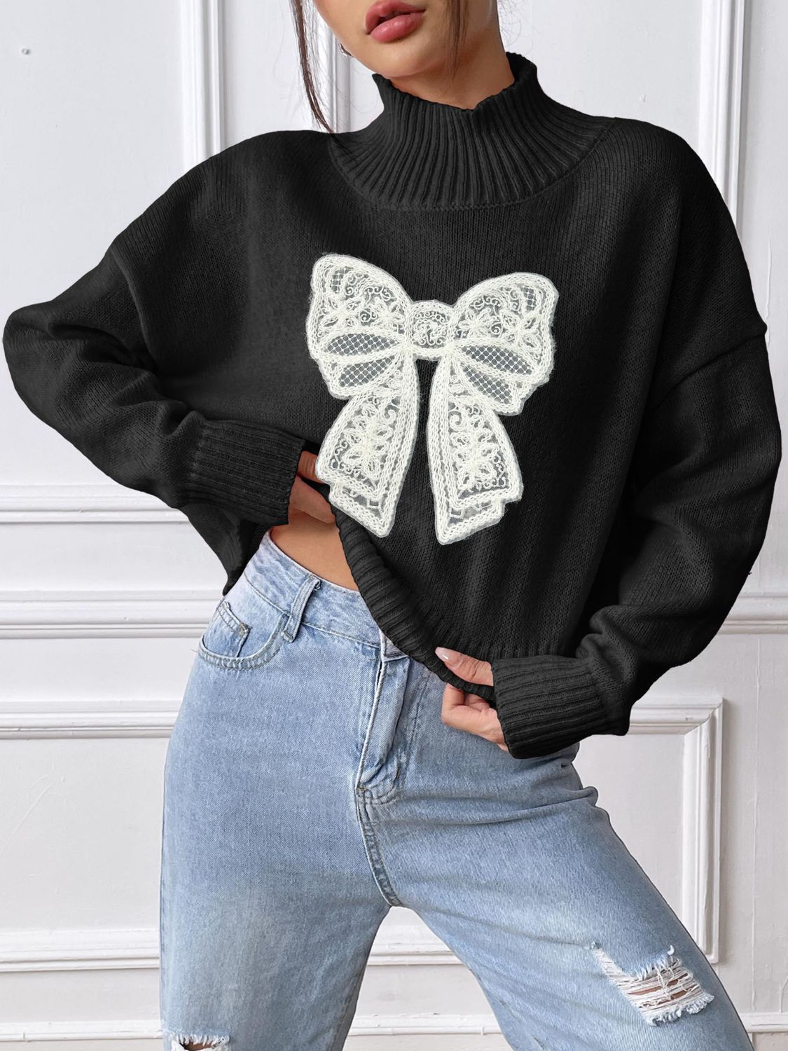 Lace Bow Turtleneck Long Sleeve Sweater