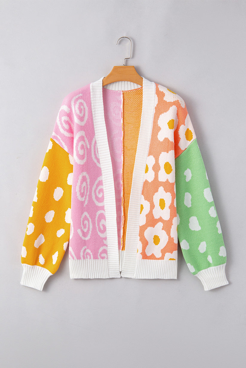 Flower & Dotted Mixed Open Front Cardigan