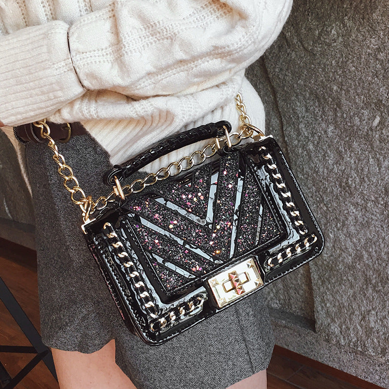 Cute Small Chevron Glitter Quilted Patchwork Shoulder Bag With Chain Strap