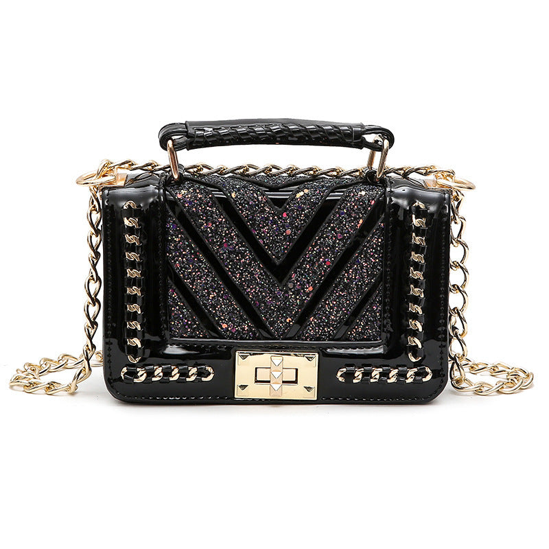 Cute Small Chevron Glitter Quilted Patchwork Shoulder Bag With Chain Strap