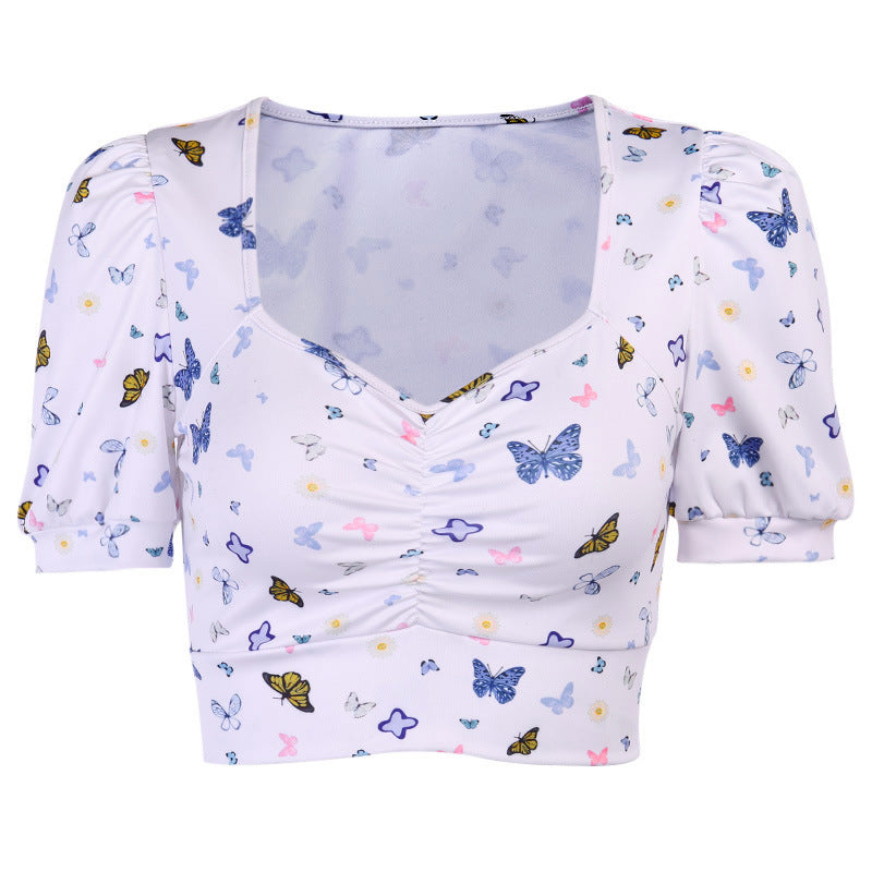 Butterfly Print Puff Sleeve V-neck Cropped T-shirt