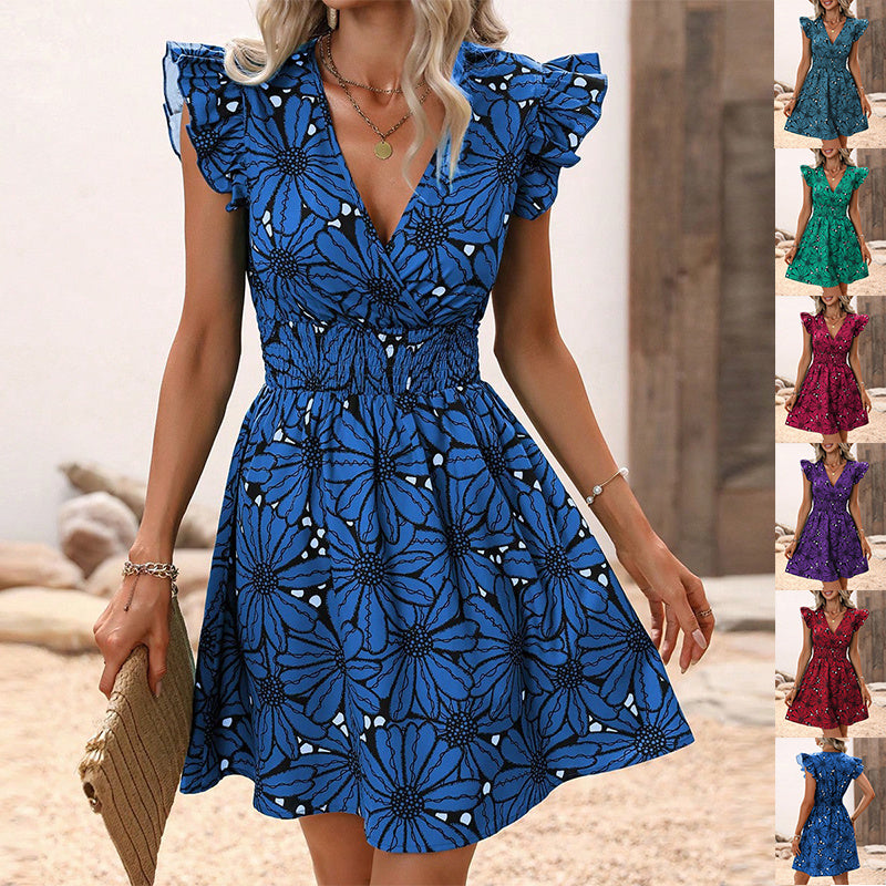 Floral Print Ruffled Sleeveless Sexy Deep V-neck Slim-waist Short Dress