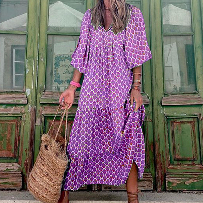 Summer Women's Vintage Printed Elegant Bohemian Casual Loose V-Neck Short Sleeve Long Maxi Dress