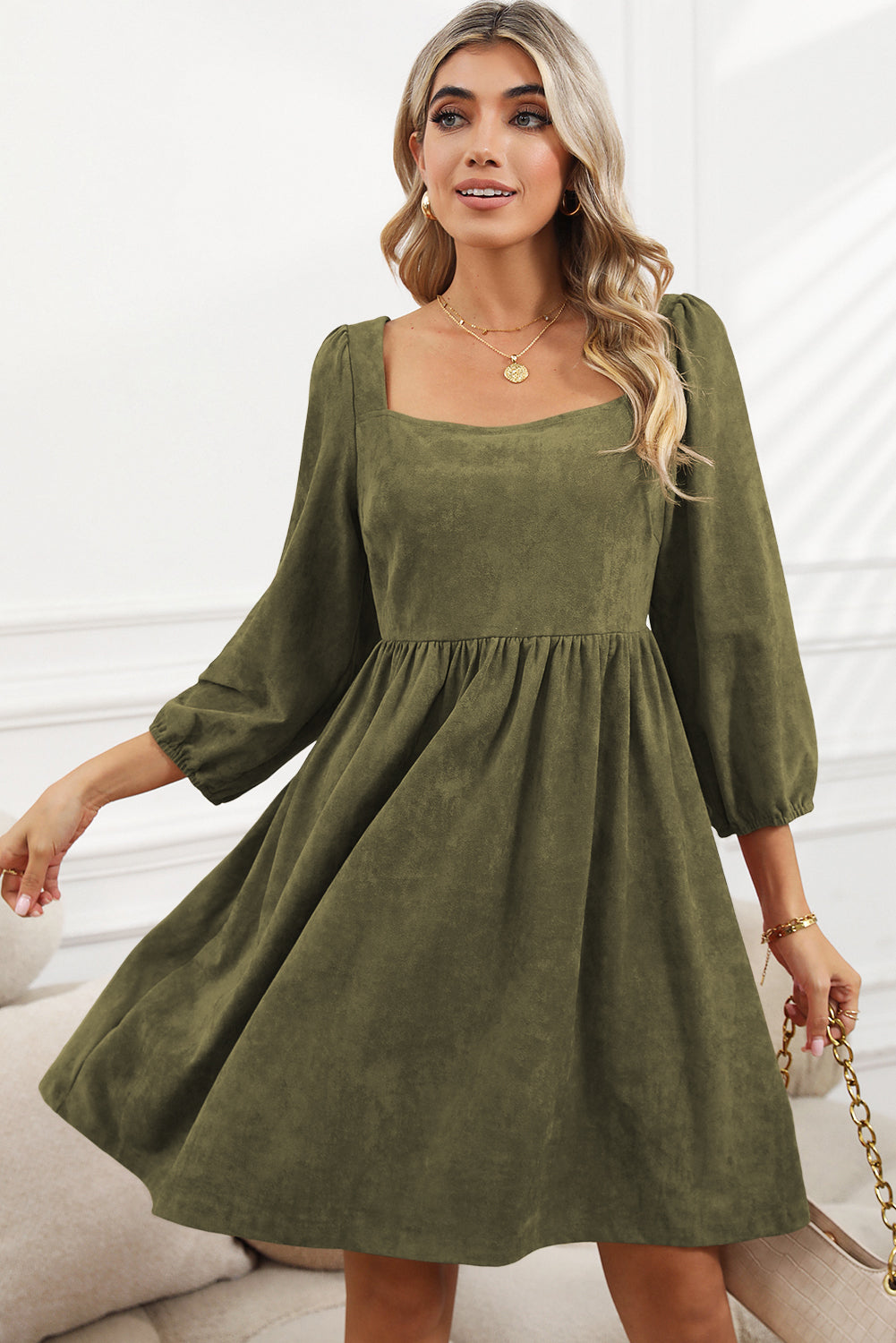 Green Washed Square Neck High Waist Flared Short Dress