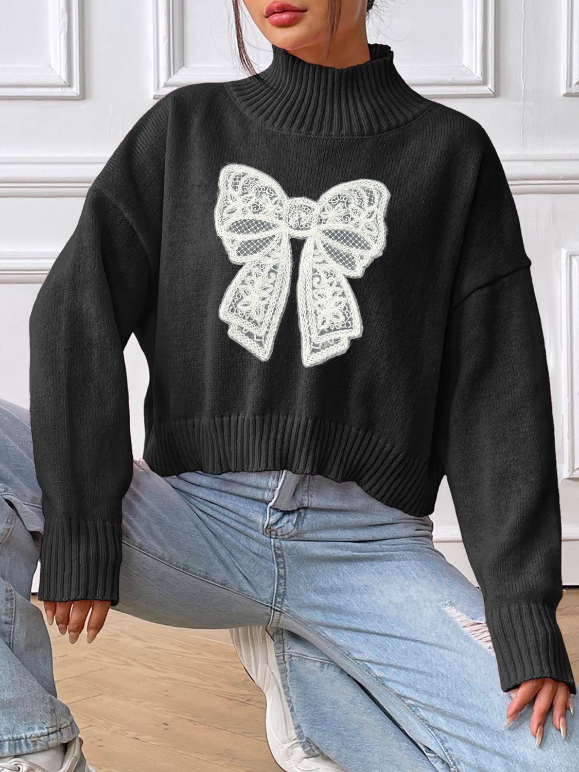 Lace Bow Turtleneck Long Sleeve Sweater