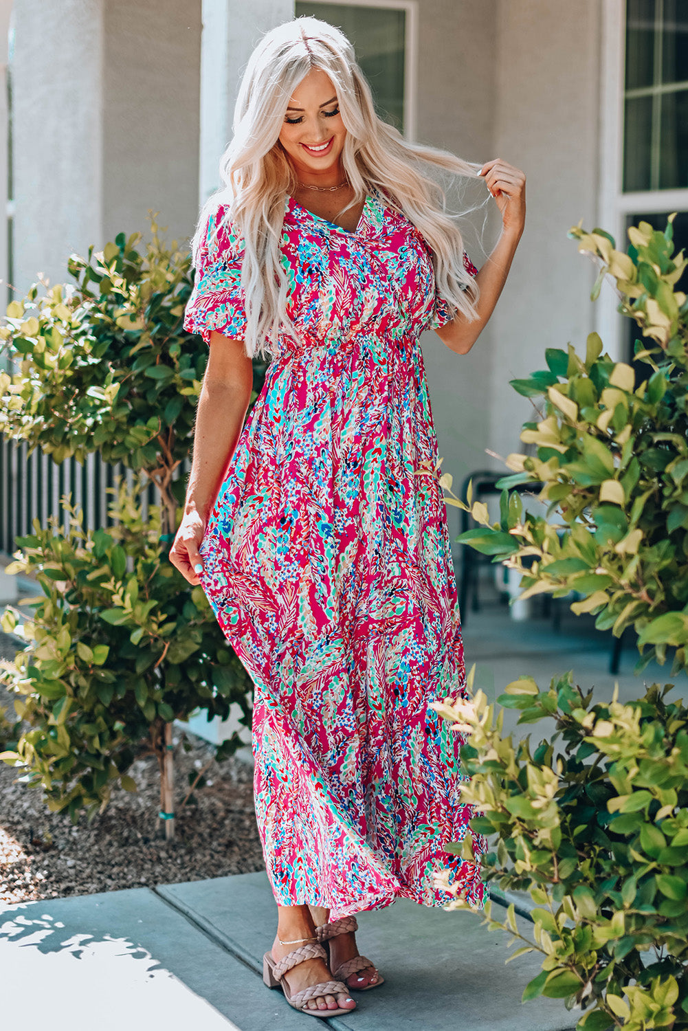 Rose Wrap V Neck Floral Maxi Dress