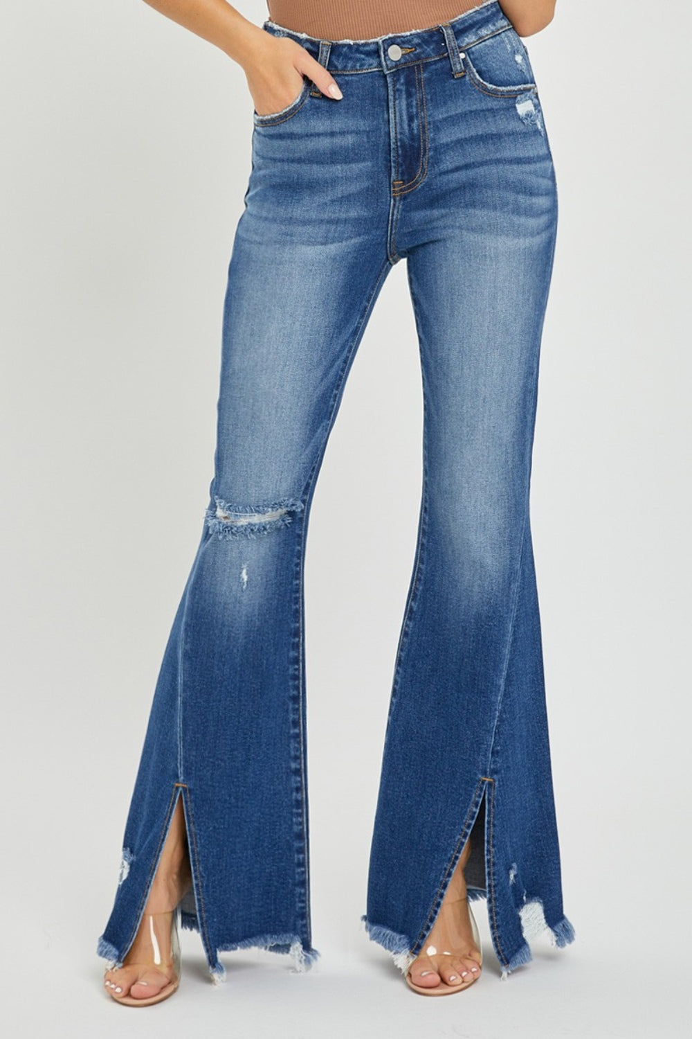 RISEN Full Size High Rise Front Slit Frayed Hem Flare Jeans