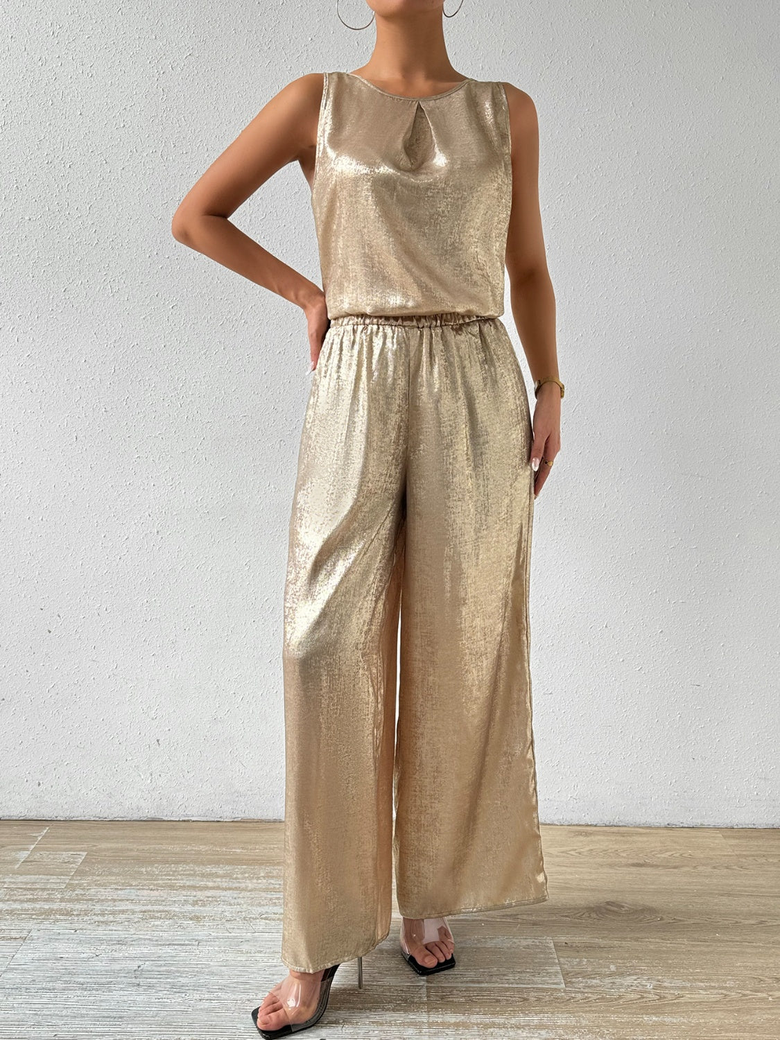 Round Neck Sleeveless Shimmering Top and Pants Set