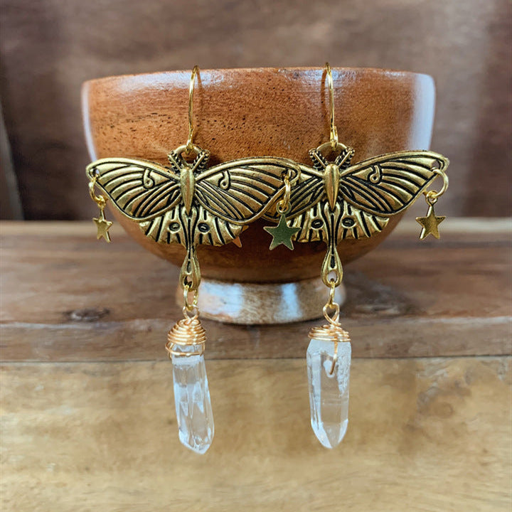 Gold Moth And Quartz Hanging Celestial Moonstone Drop Statement Earrings