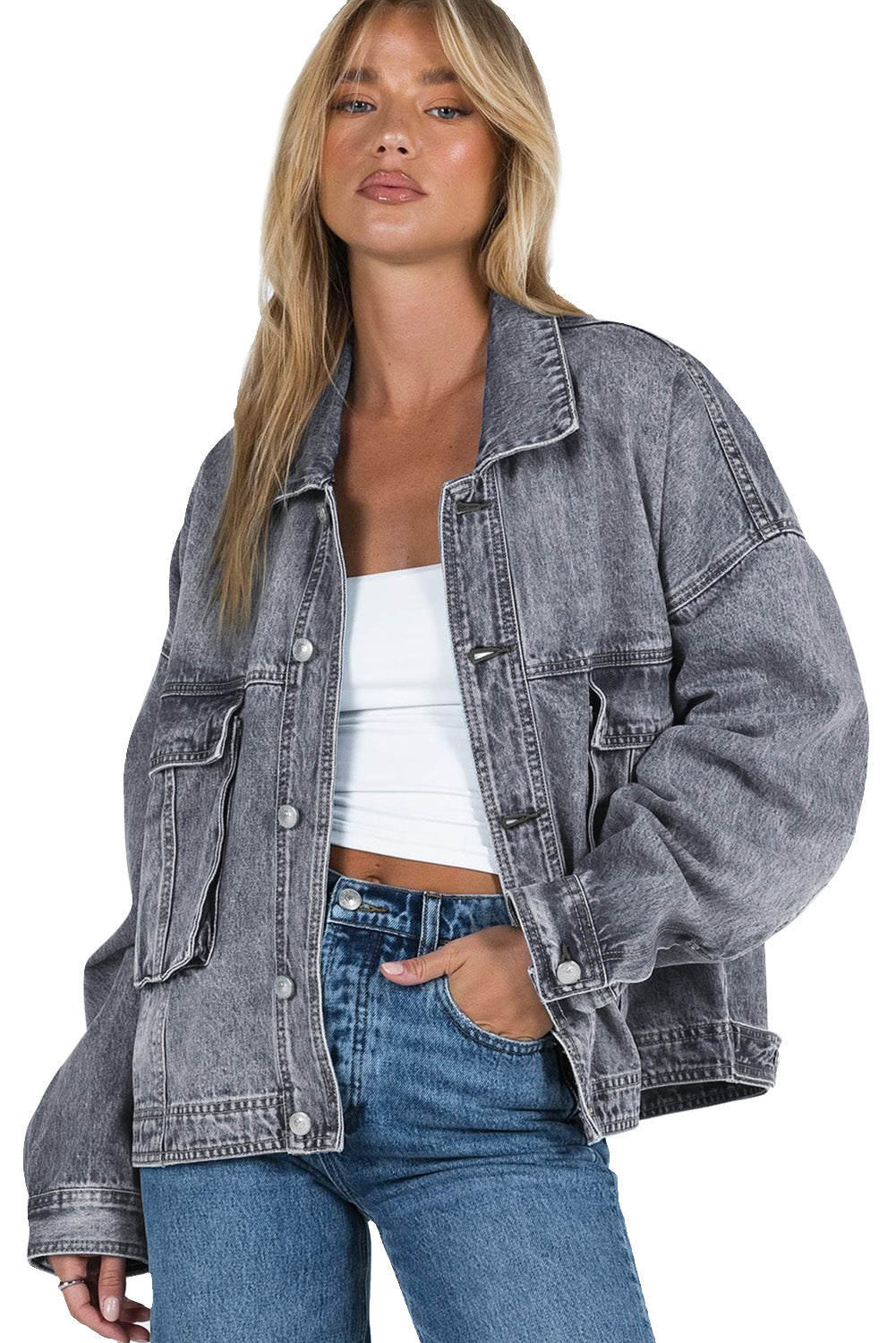 Blue Chest Pockets Drop Shoulder Loose Denim Jacket