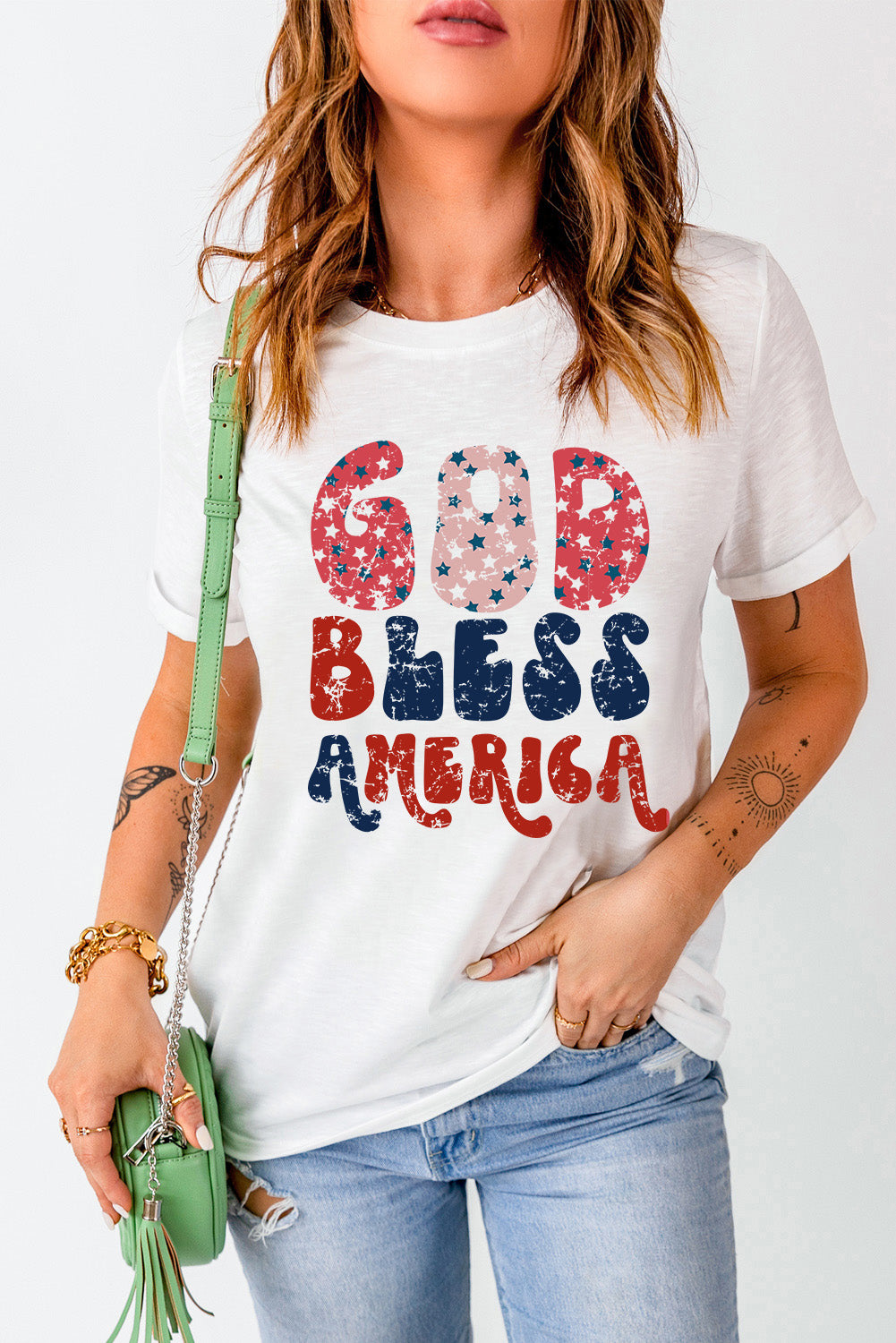 White God Bless America Graphic Round Neck Tee