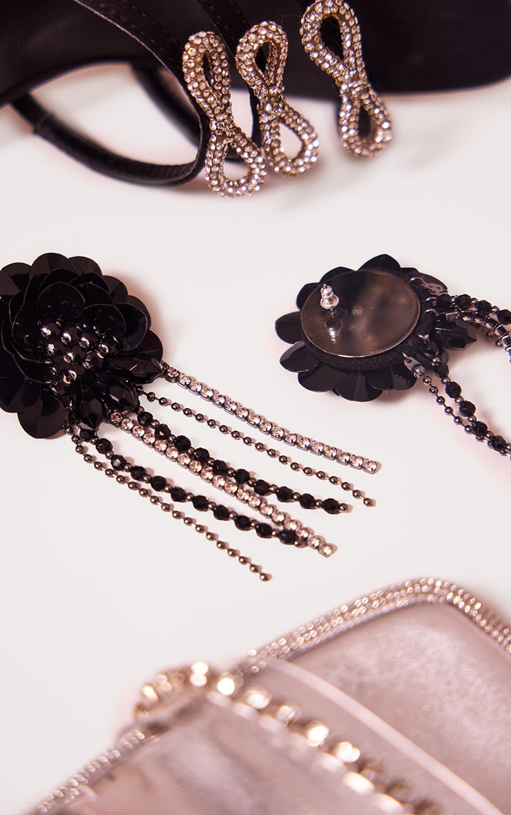 Black Oversized Statement Flower Diamante Earrings