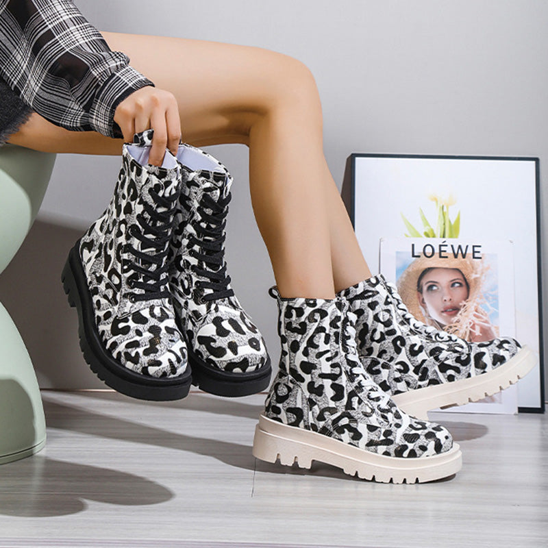 Women’s Black White Leopard Print Low Heel Boots