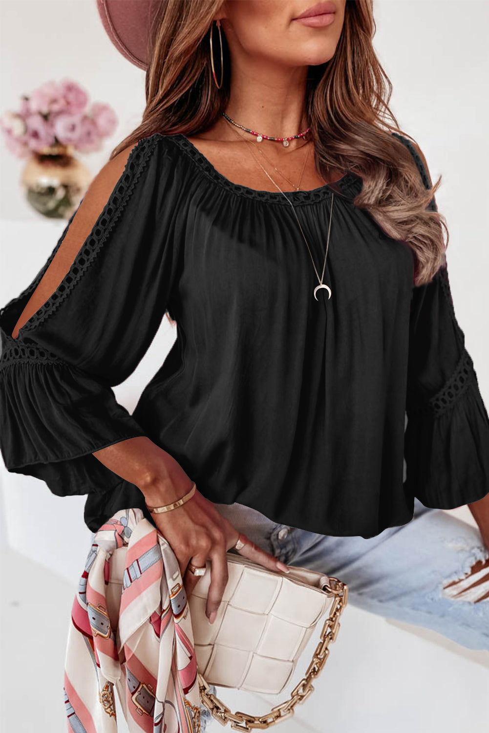 Rose Lace Crochet Cut-Out Bracelet Sleeve Ruffle Blouse