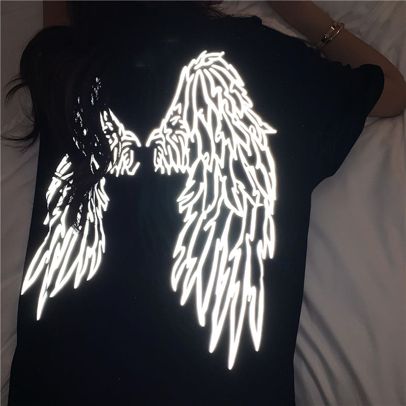 Dark Reflective Angel Wing Short Sleeved Oversized Graphic Printed Tee Shirt