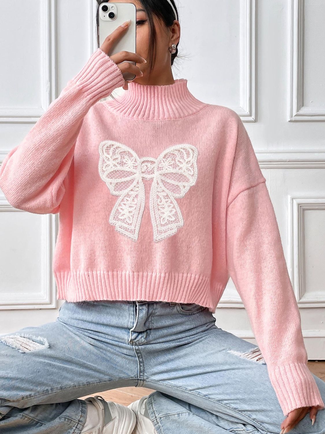 Lace Bow Turtleneck Long Sleeve Sweater