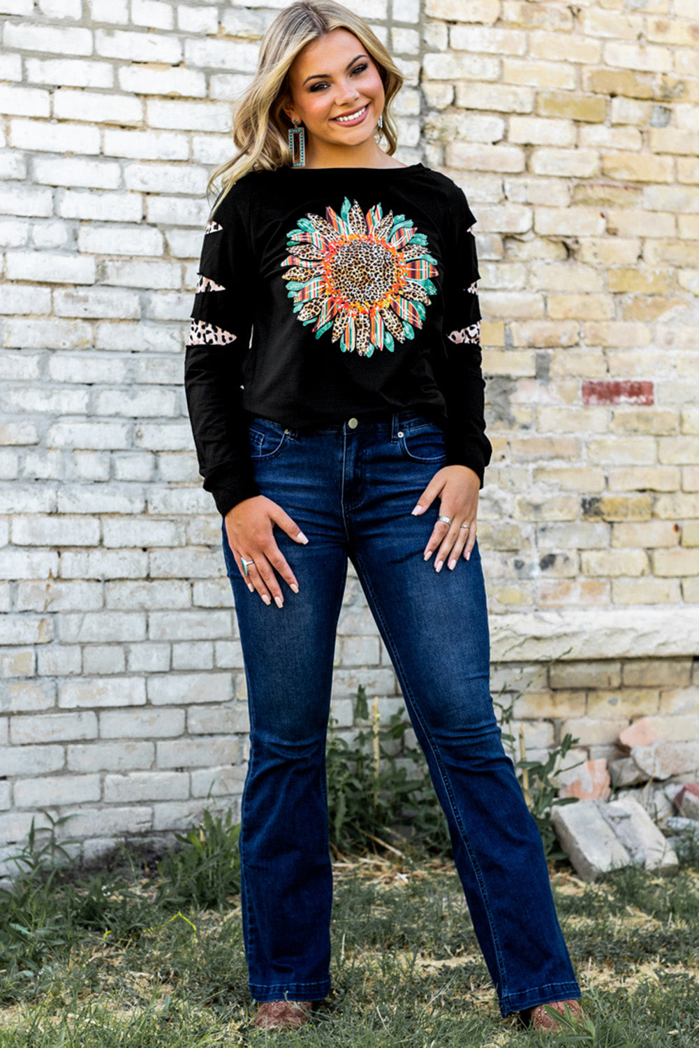 Ripped Sleeve Serape Leopard Sunflower Graphic Sweatshirt