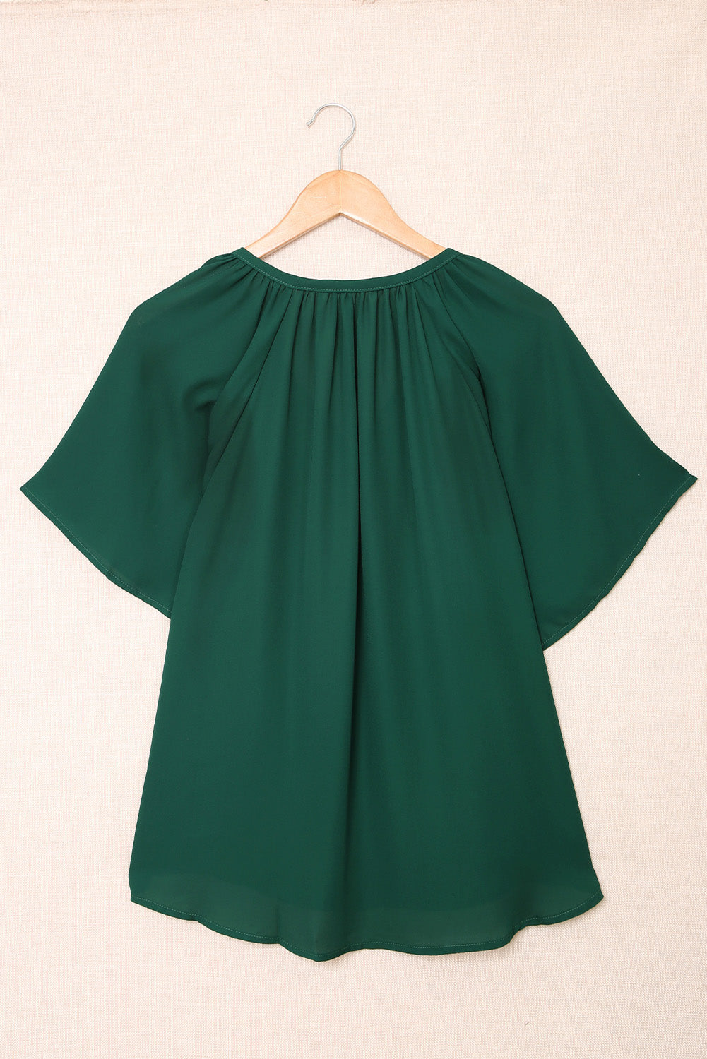 Blue Casual Split Neck Pleated Loose Short Sleeve Blouse