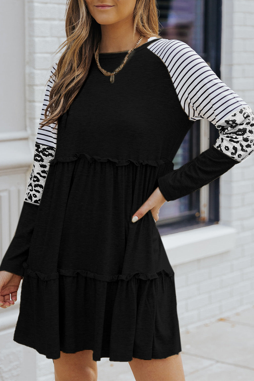 Black Striped Leopard Patchwork Pleated Long Sleeve Dress