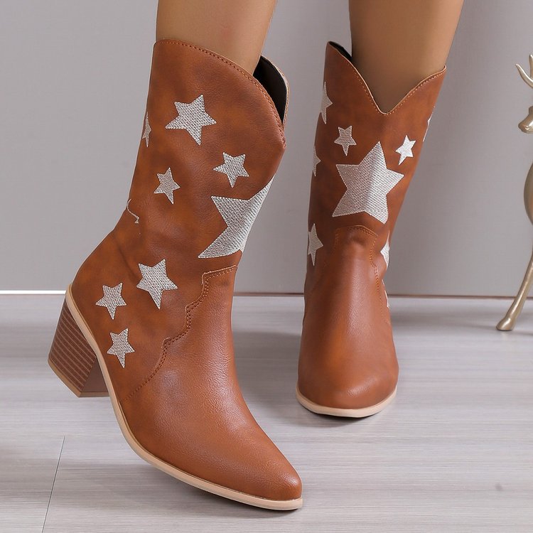 Women's Embroidered Star Pointed Toe Chunky Heel Western Cowgirl Boots