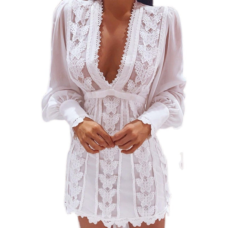 Elegant Sexy V Neck Lace Dress With Long Puff Sleeve