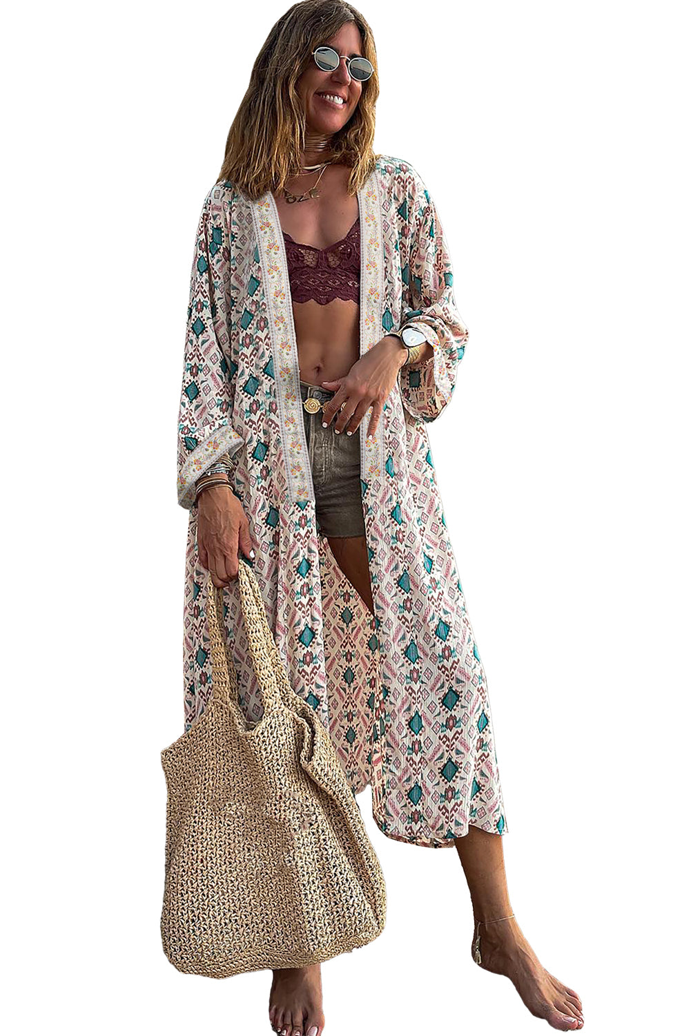 Pink Geometric Print Long Kimono