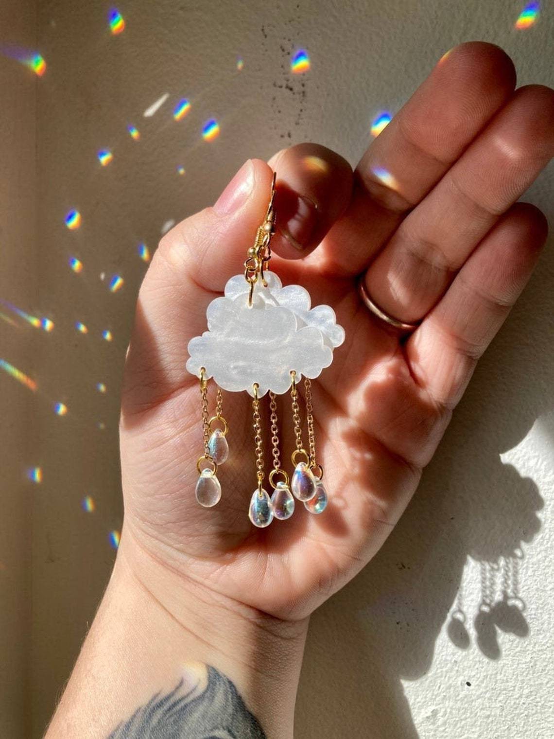 Creative Acrylic Rain Cloud Earrings With Crystal Rain Drop Detail