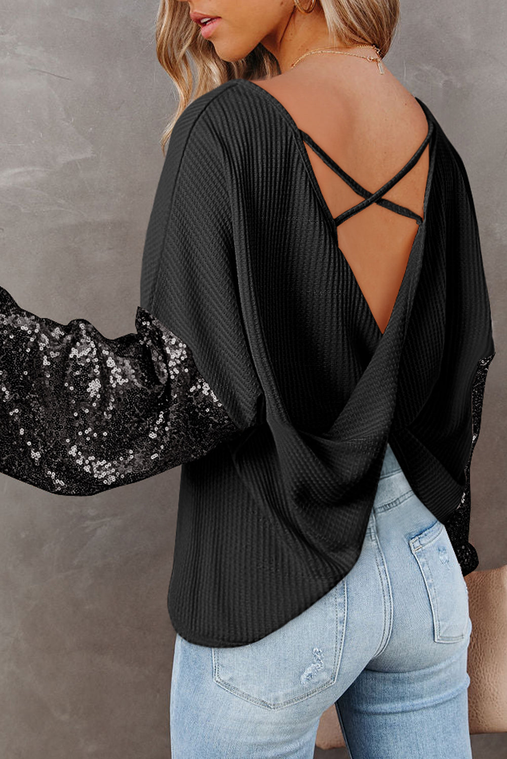 Black Cross Backless Sequin Bishop Sleeve Top