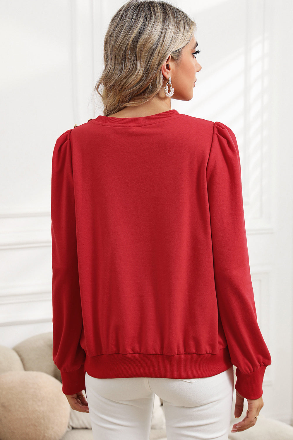 Red Button Tab Detail Round Neck Long Sleeve Top