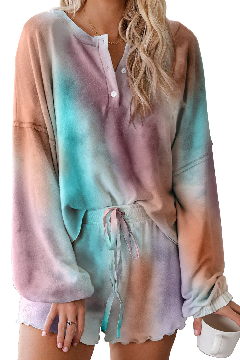 Multicolor Tie Dye Top & Drawstring Shorts Loungewear Set