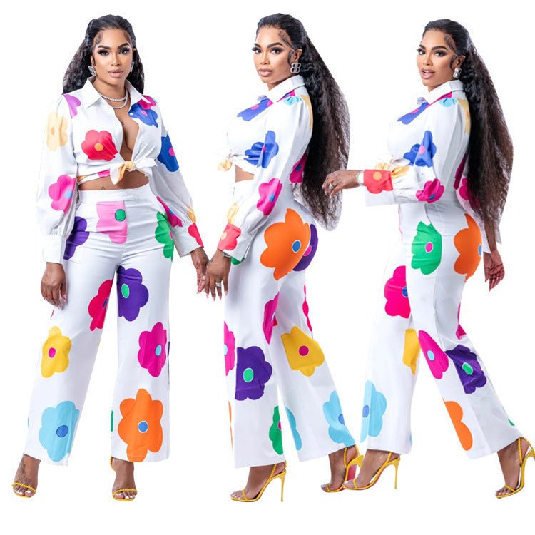 Bright Floral Digital Printed Summer Low V Casual Tie Front Crop Top And Pants Two Piece Outfit Set