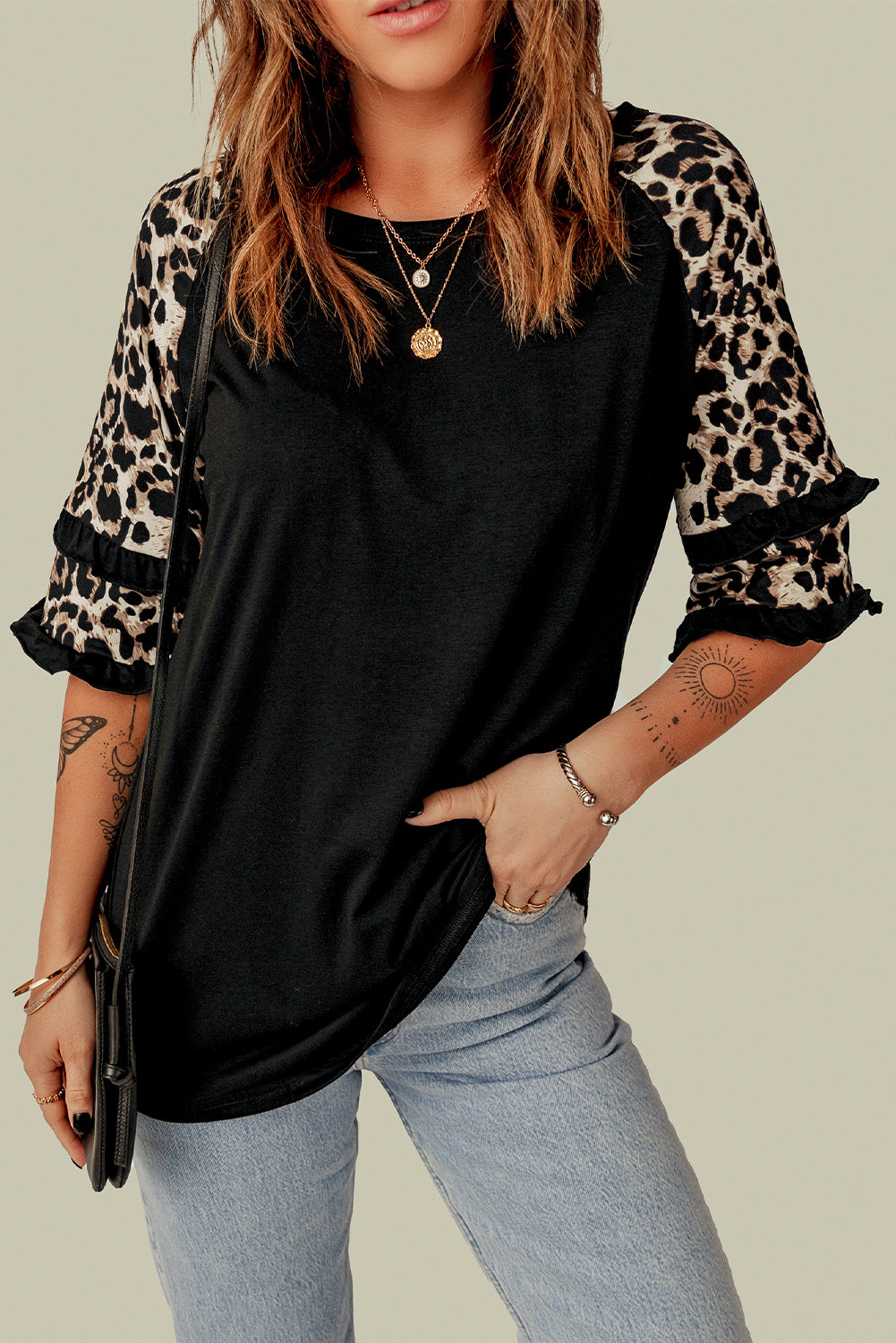 Black Casual Ruffled Leopard Sleeve Patchwork T-Shirt