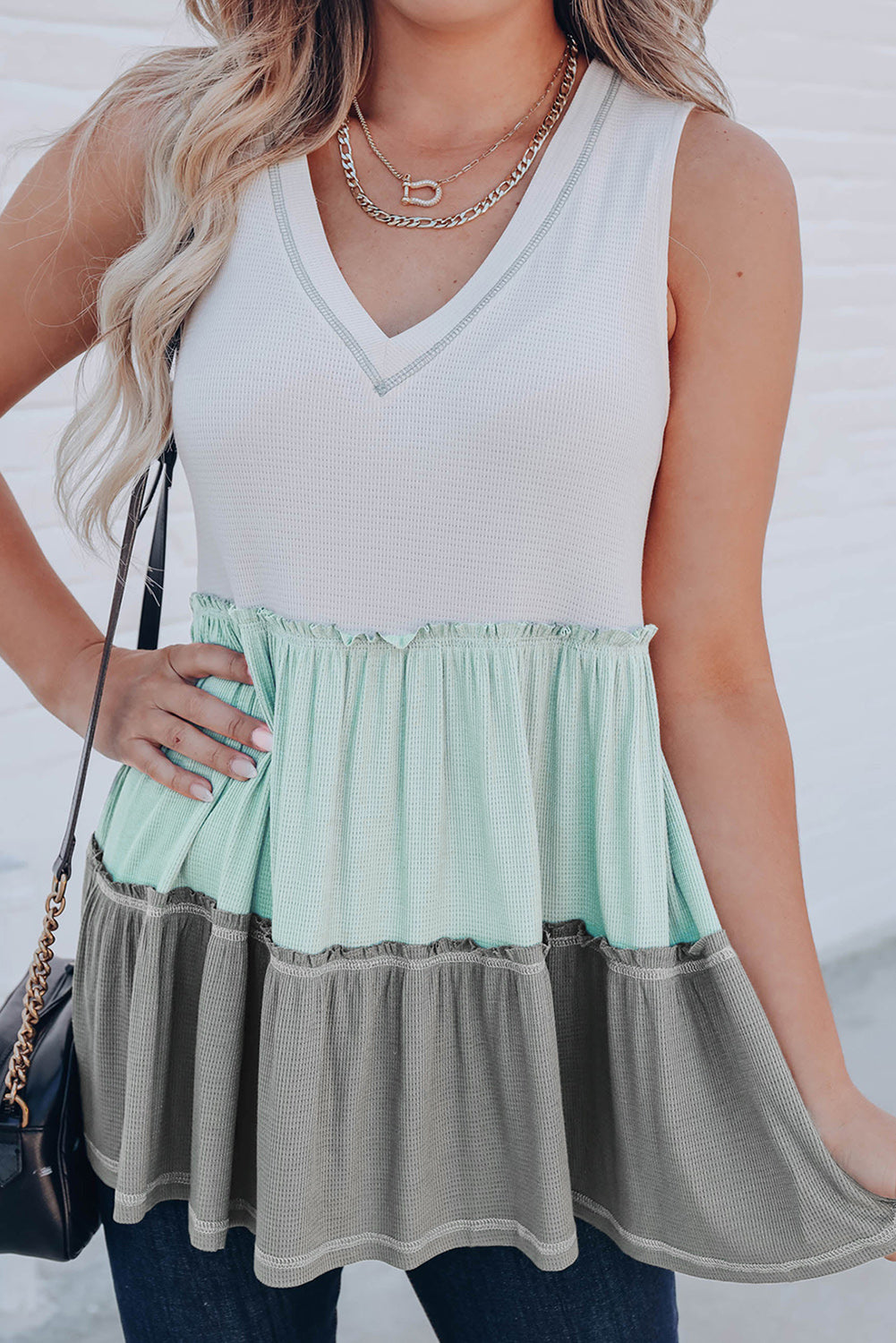 Colorblock Tiered Ruffle Babydoll V Neck Sleeveless Shirt