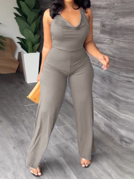 V-Pile Tie - Up Backless Casual Wide-Leg Jumpsuit
 HWUBKQ2MHQ