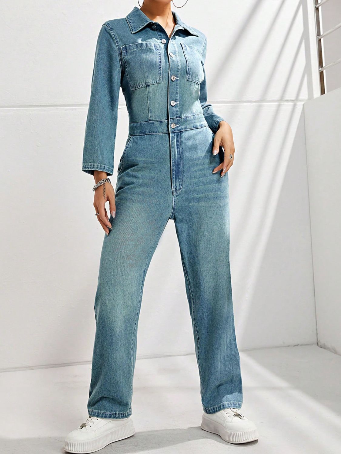 Half Button Long Sleeve Straight Leg Denim Jumpsuit