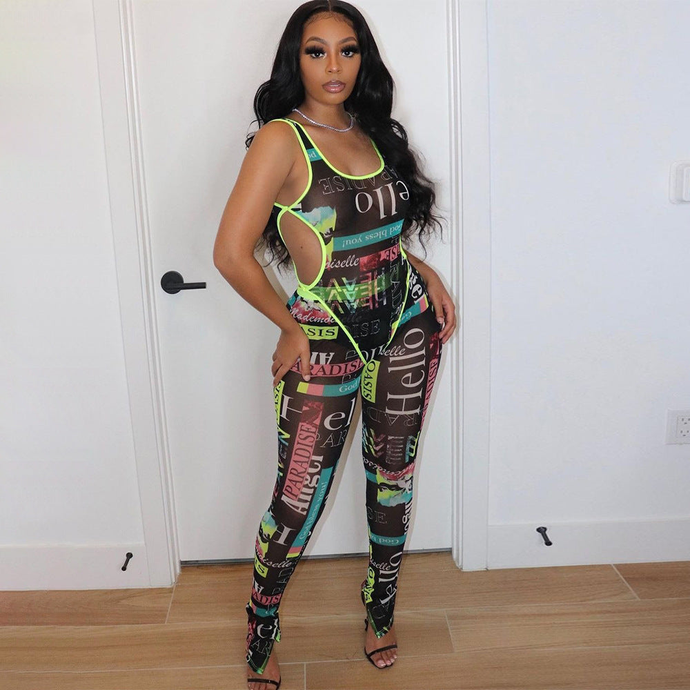 Women's Festival Fashion Sexy Cut Out Graffiti Print Sheer Mesh Neon Trim Bodysuit Two-Piece Pant Outfit Set