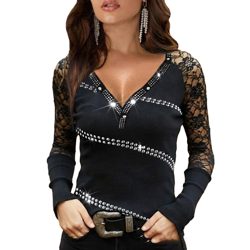 Lightweight Long Lace Sheer Sleeve Shirt Rhinestone Wraparound V Neck Nightclub Fashion Blouse