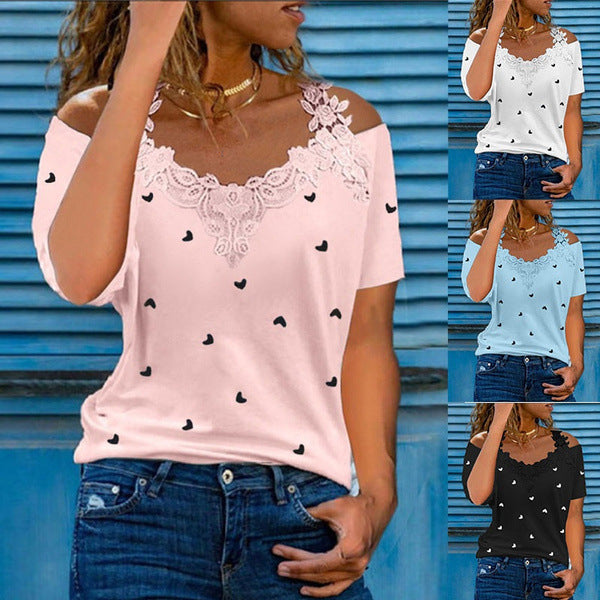 Short Sleeve Cold Shoulder Lace Heart Pattern Print Shirt