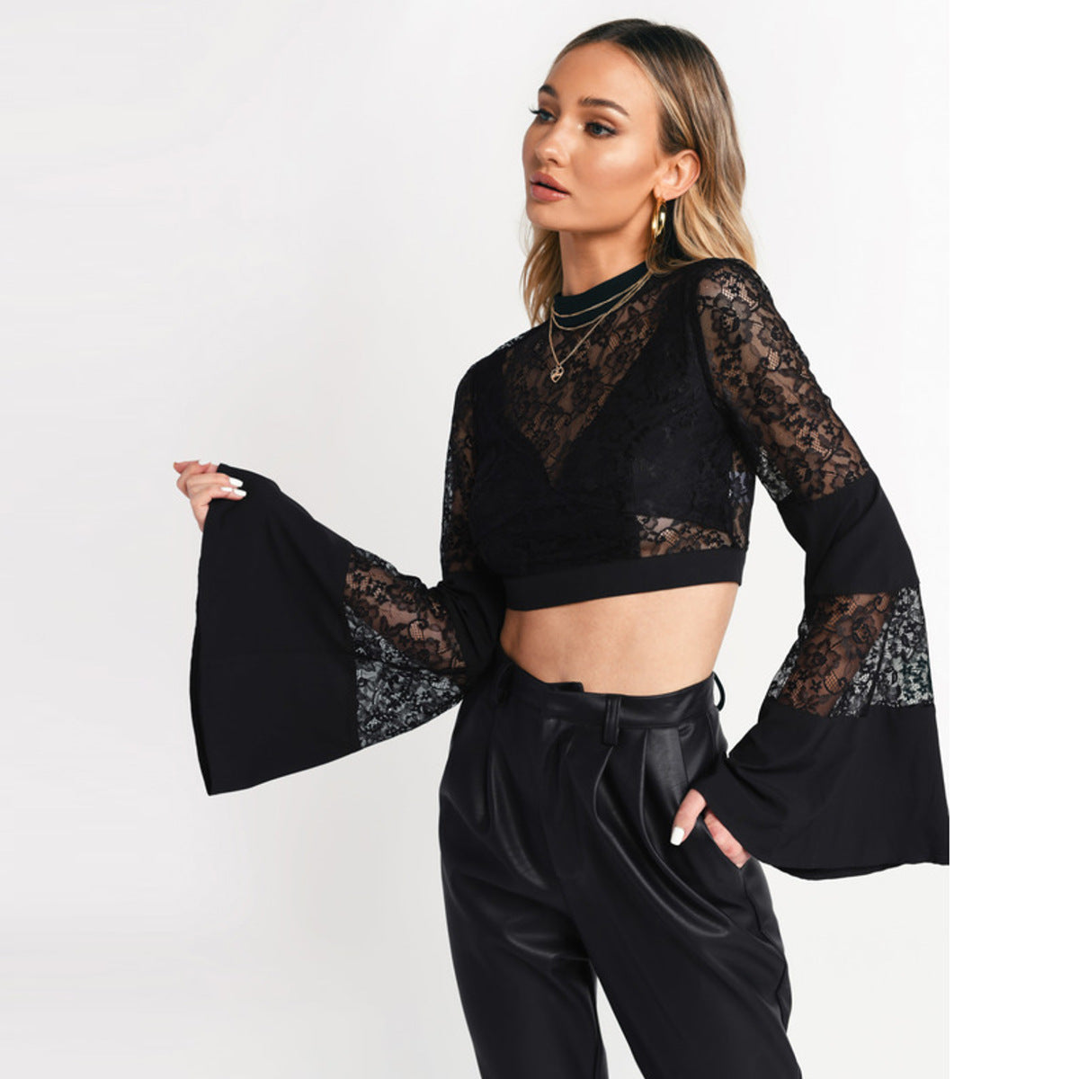 Round Neck Boho Lace Paneled Bell Sleeve Crop Top Festival Fashion