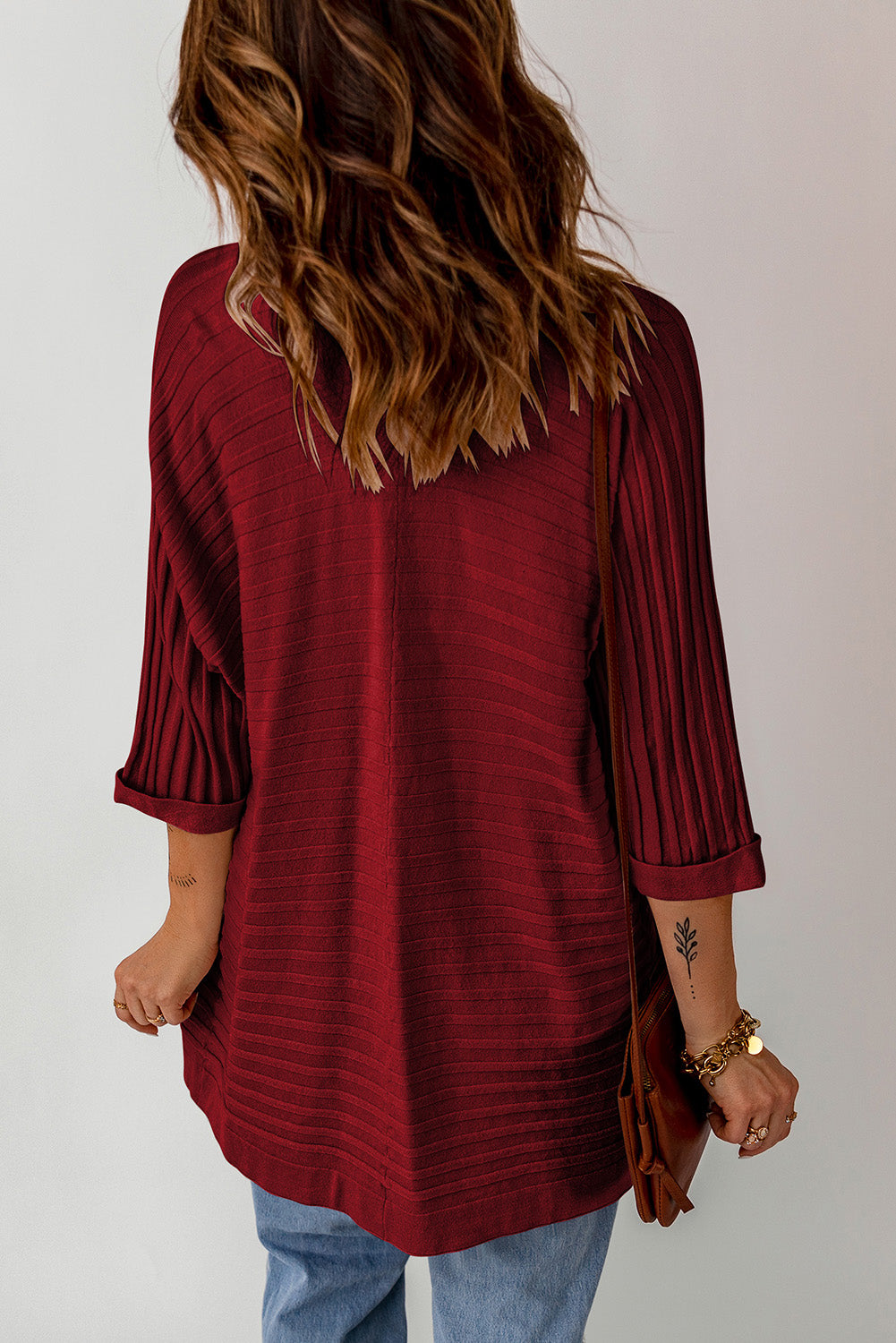 Red Ribbed Half Sleeve Open Front Knit Cardigans